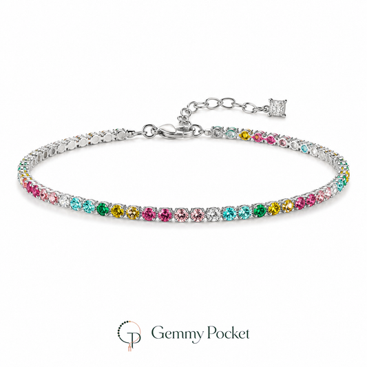 Multicolor round-stone tennis bracelet on a pure white studio background