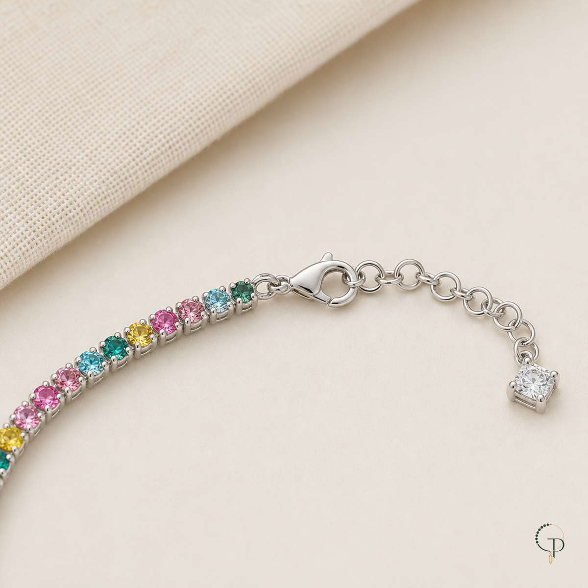 Lobster clasp, extension chain and square clear-stone terminal charm detail