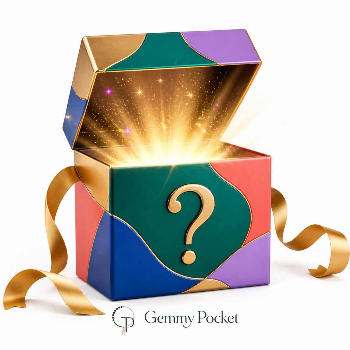 Colorful half-open mystery jewelry gift box with gold ribbon, question mark and glowing surprise light on white