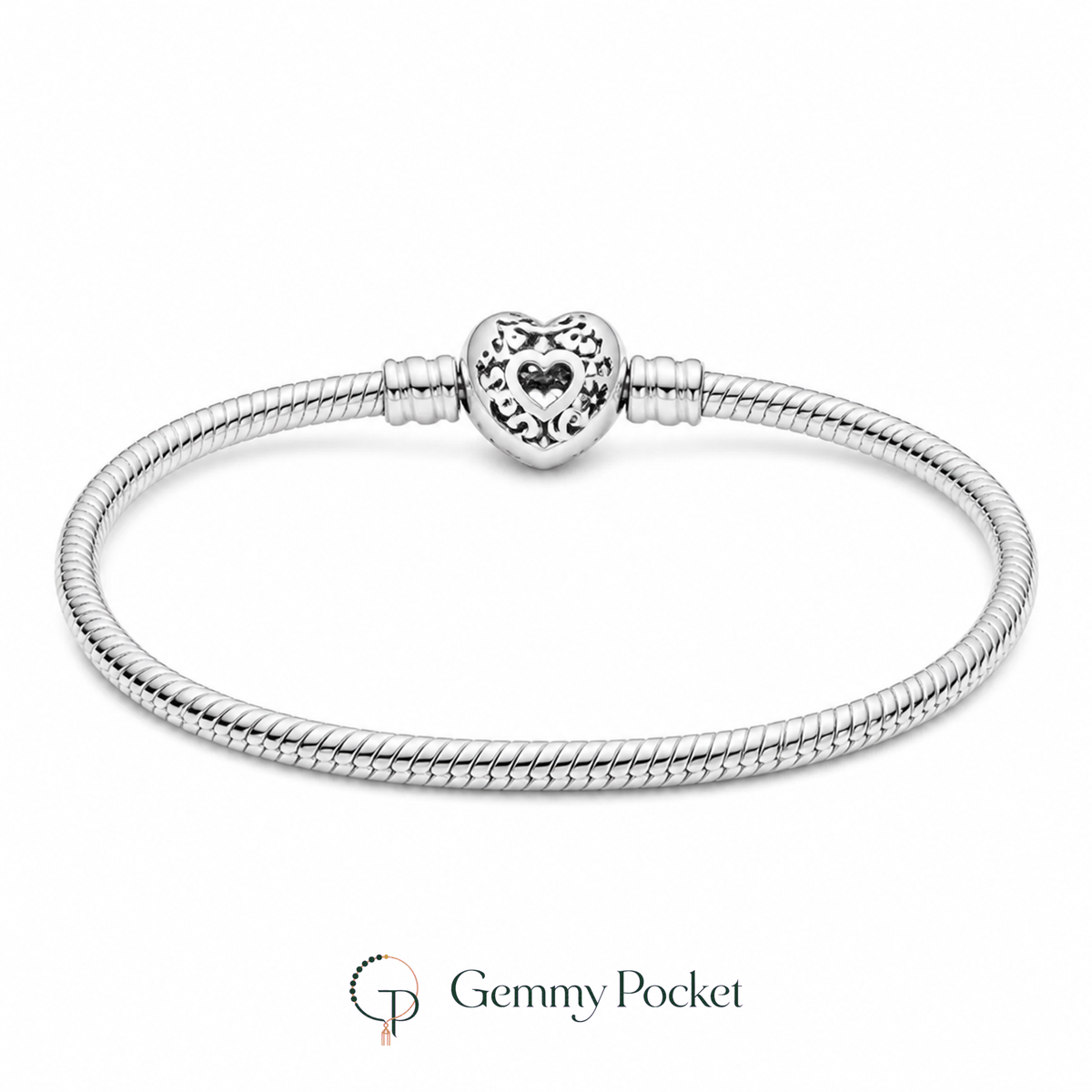 Silver-color snake-chain bracelet with ornate openwork heart clasp on white