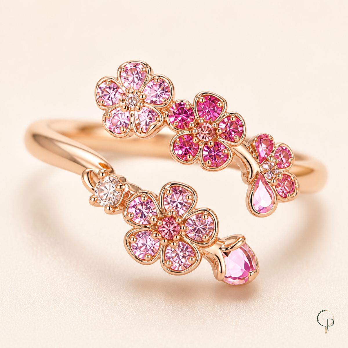 Close view of pink five-petal blossoms, clear accents and teardrop details