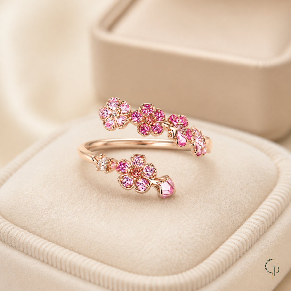 Pink blossom bypass ring displayed on an unbranded ivory jewelry cushion
