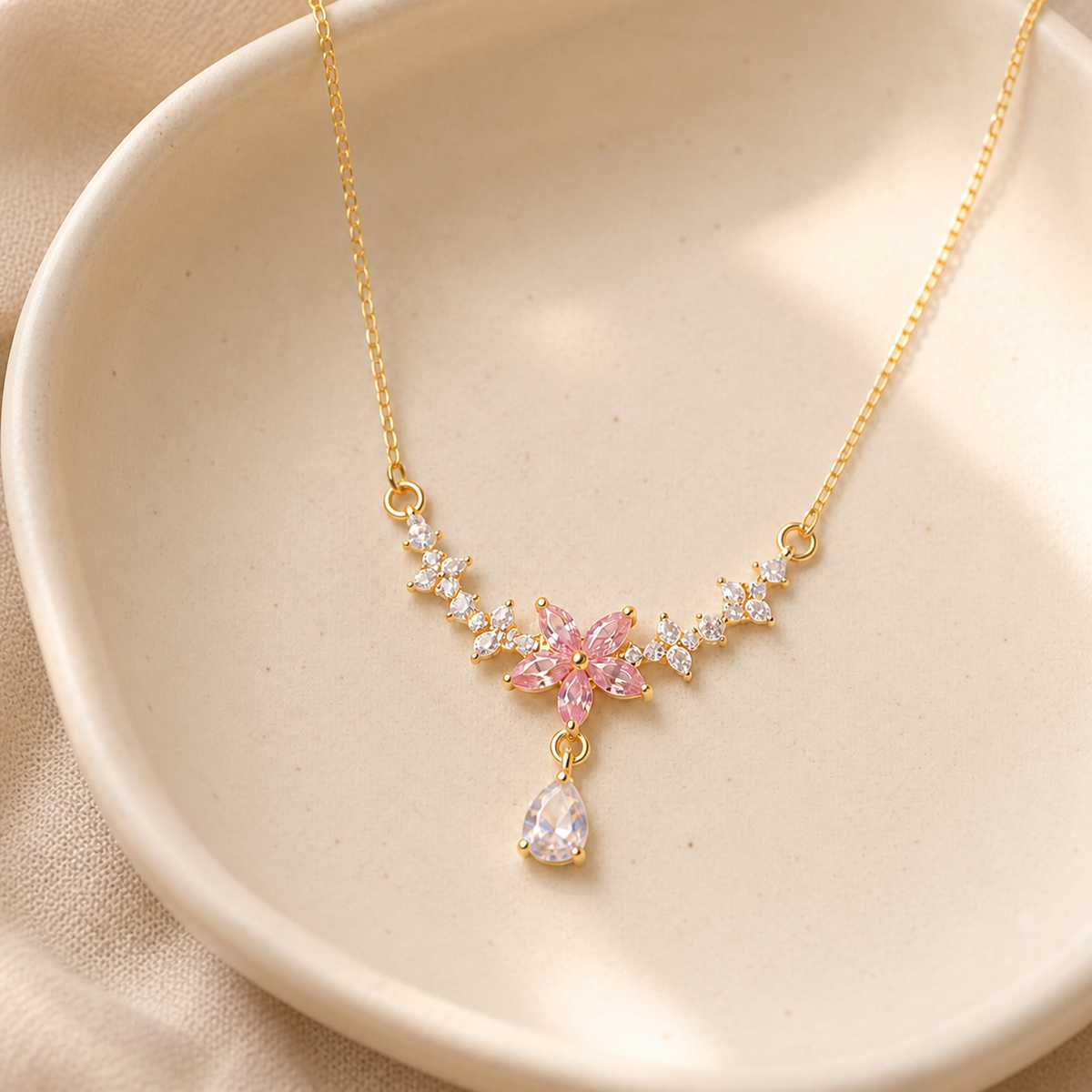 Pink blossom drop necklace styled in a soft ivory jewelry setting