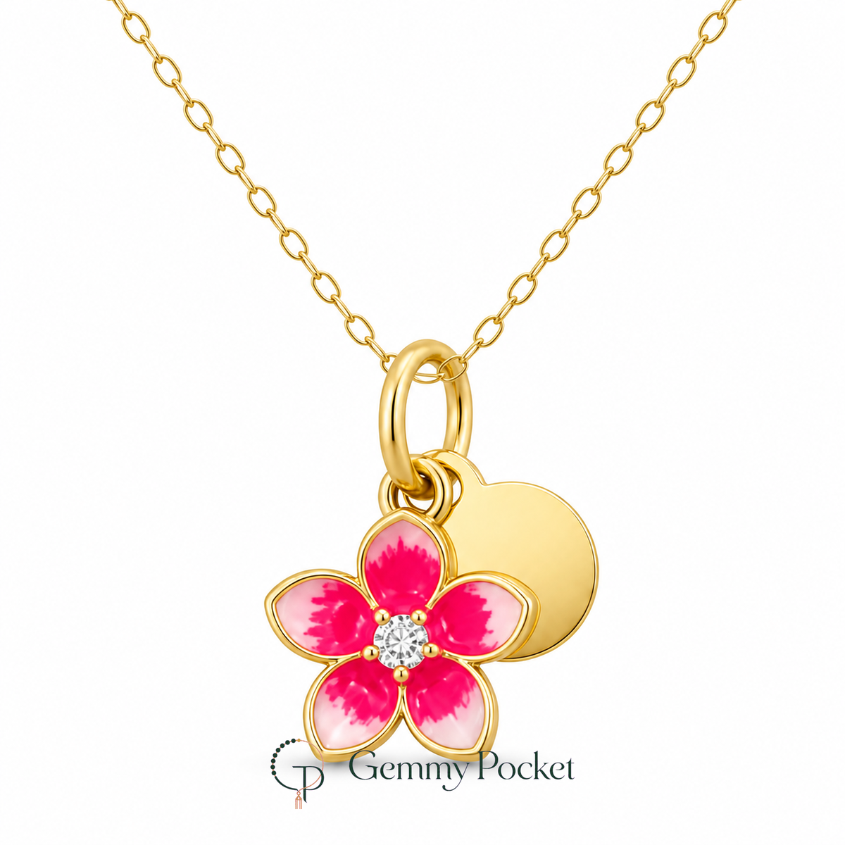 Pink five-petal blossom and round disc pendant necklace on a pure white studio background