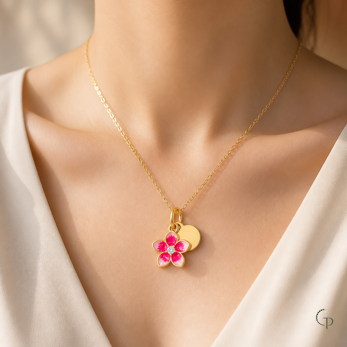 Gold-color pink blossom pendant necklace worn at the collarbone with an ivory blouse