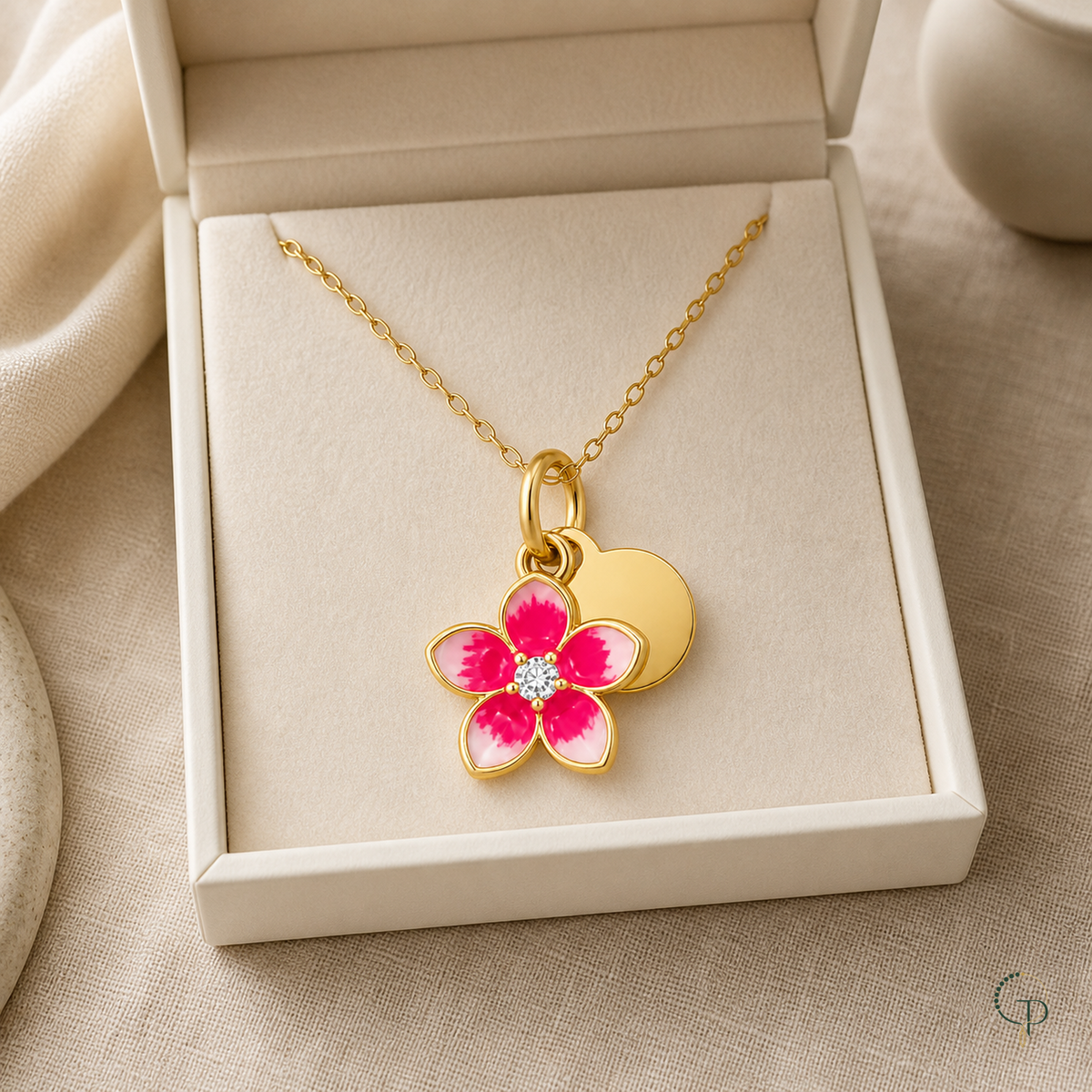 Pink blossom and disc pendant necklace in an unbranded ivory jewelry box