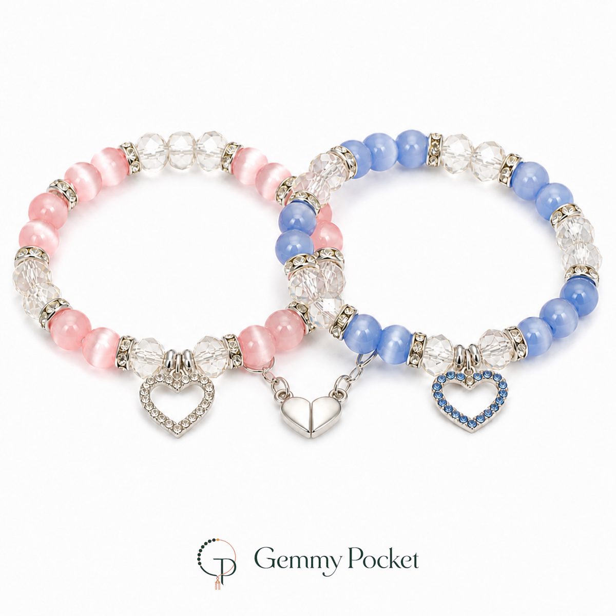 Pink and blue two-piece magnetic heart friendship bracelet set on white