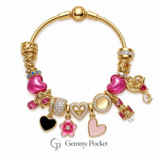 Pink heart and flower multi-charm bracelet on a pure white studio background