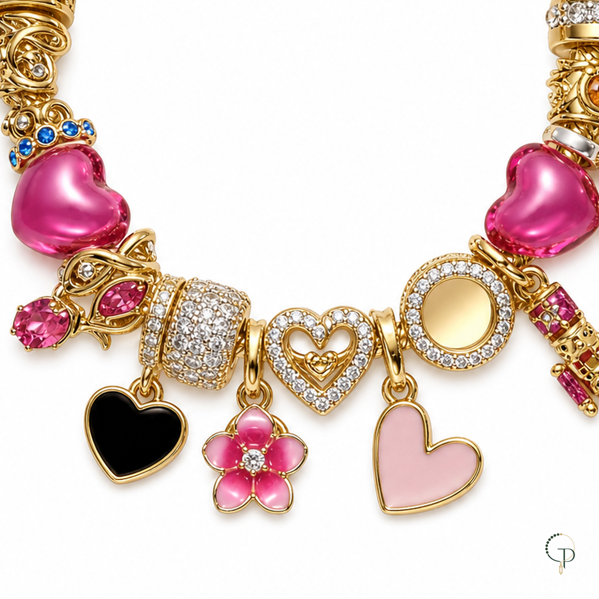 Close view of heart, flower and bright accent charms on the bracelet