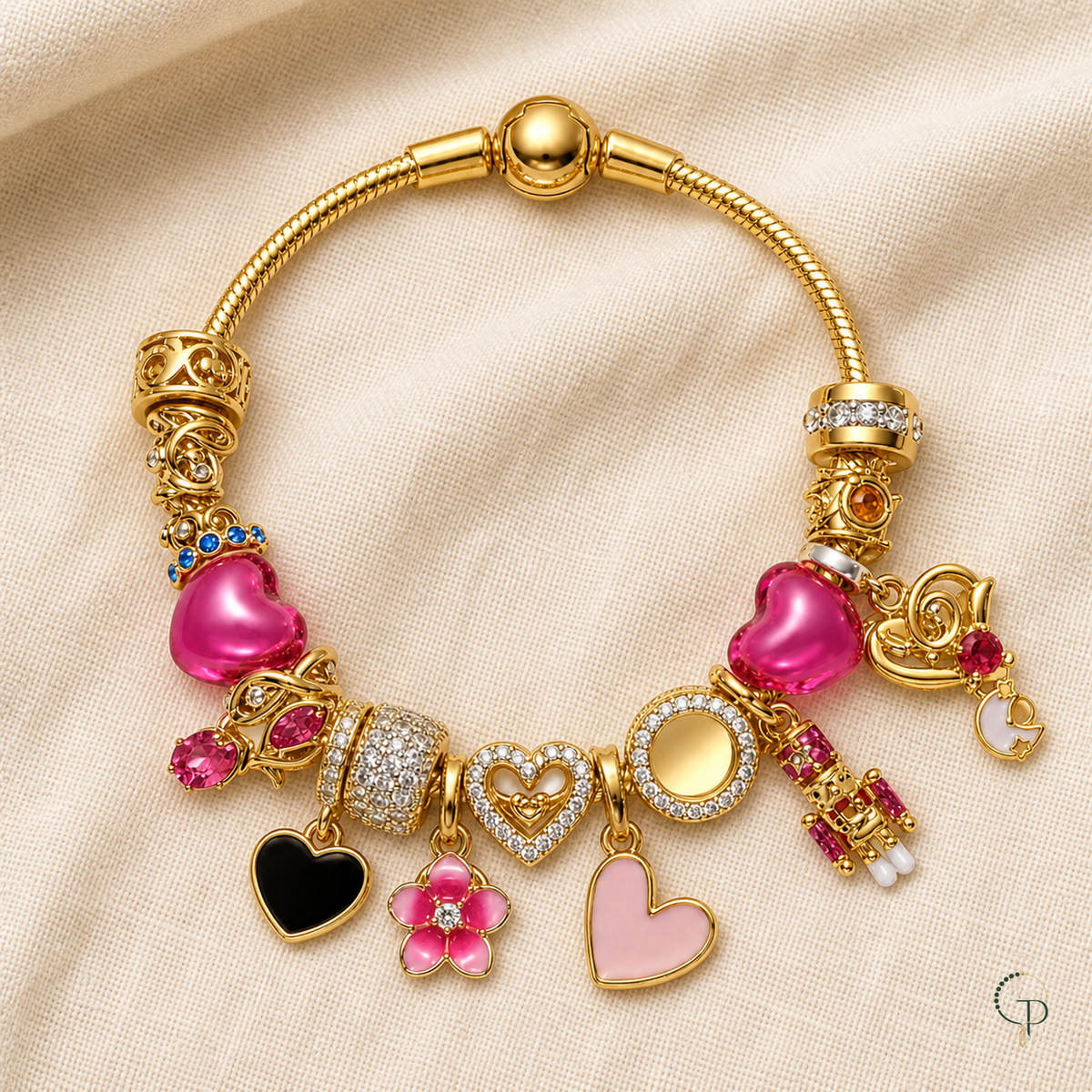 Full pink heart and flower charm bracelet arranged on oatmeal linen