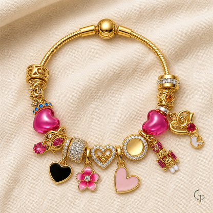 Full pink heart and flower charm bracelet arranged on oatmeal linen
