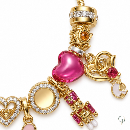 Detail of the pink heart bead, round halo accent and side charms