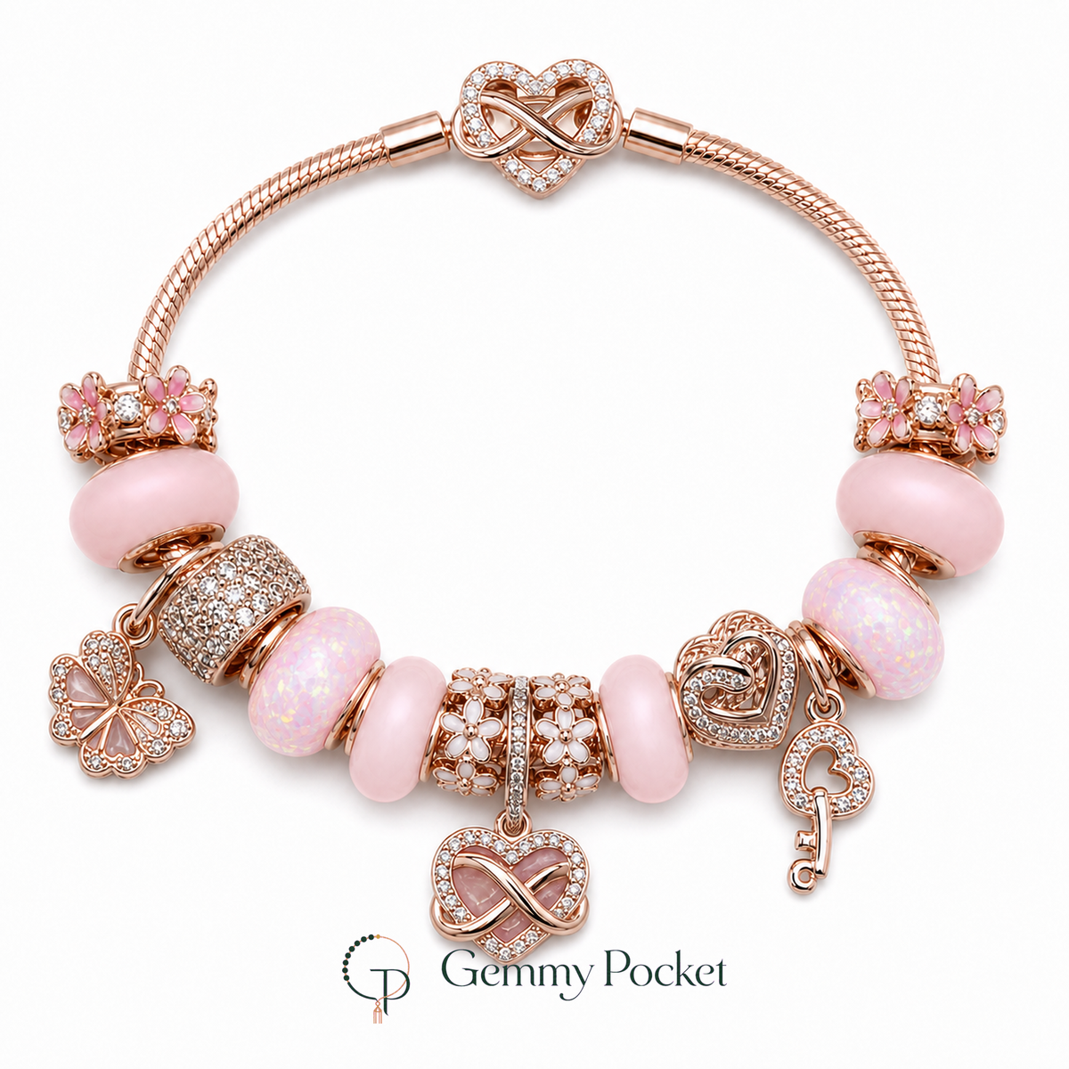 Pink rose-gold-color infinity and blossom charm bracelet on a pure white studio background