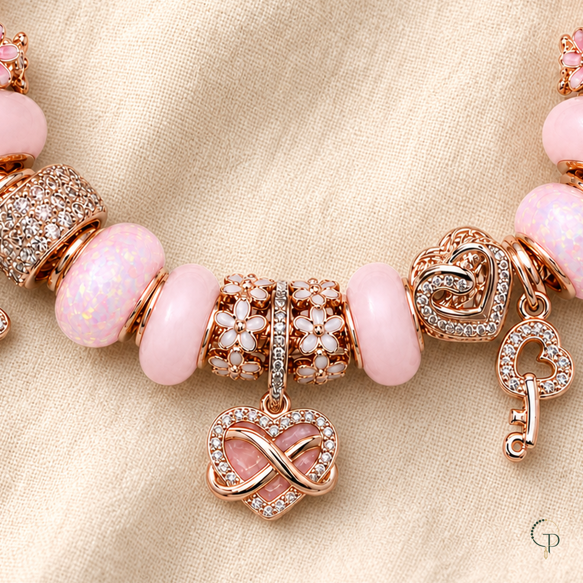 Macro view of pink beads, blossom barrel, layered heart and key charms