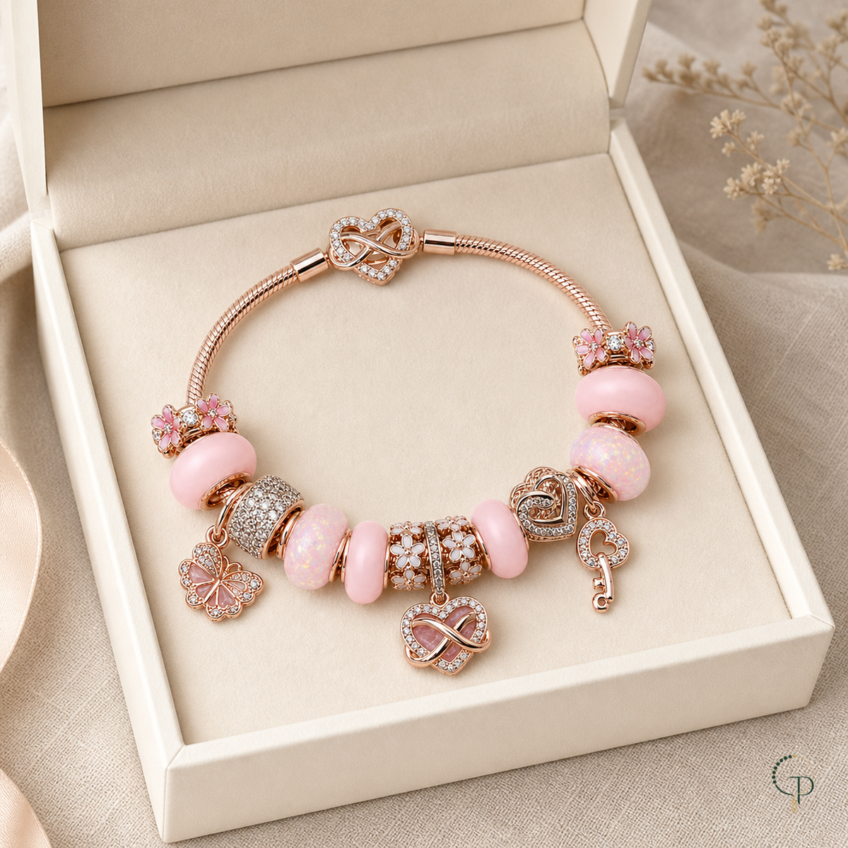 Pink infinity and blossom charm bracelet in an unbranded ivory jewelry box