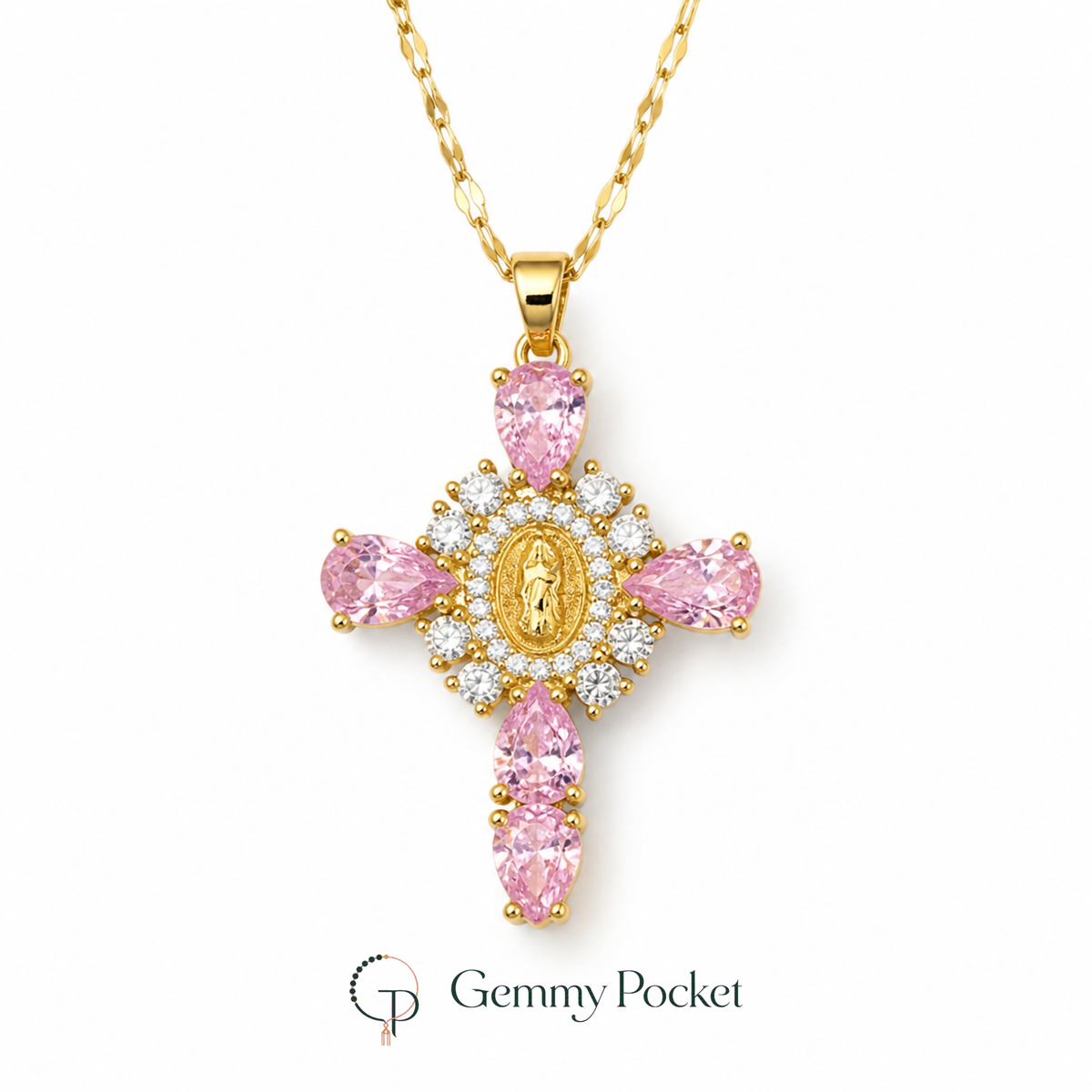 Pink teardrop halo cross pendant necklace on a pure white studio background