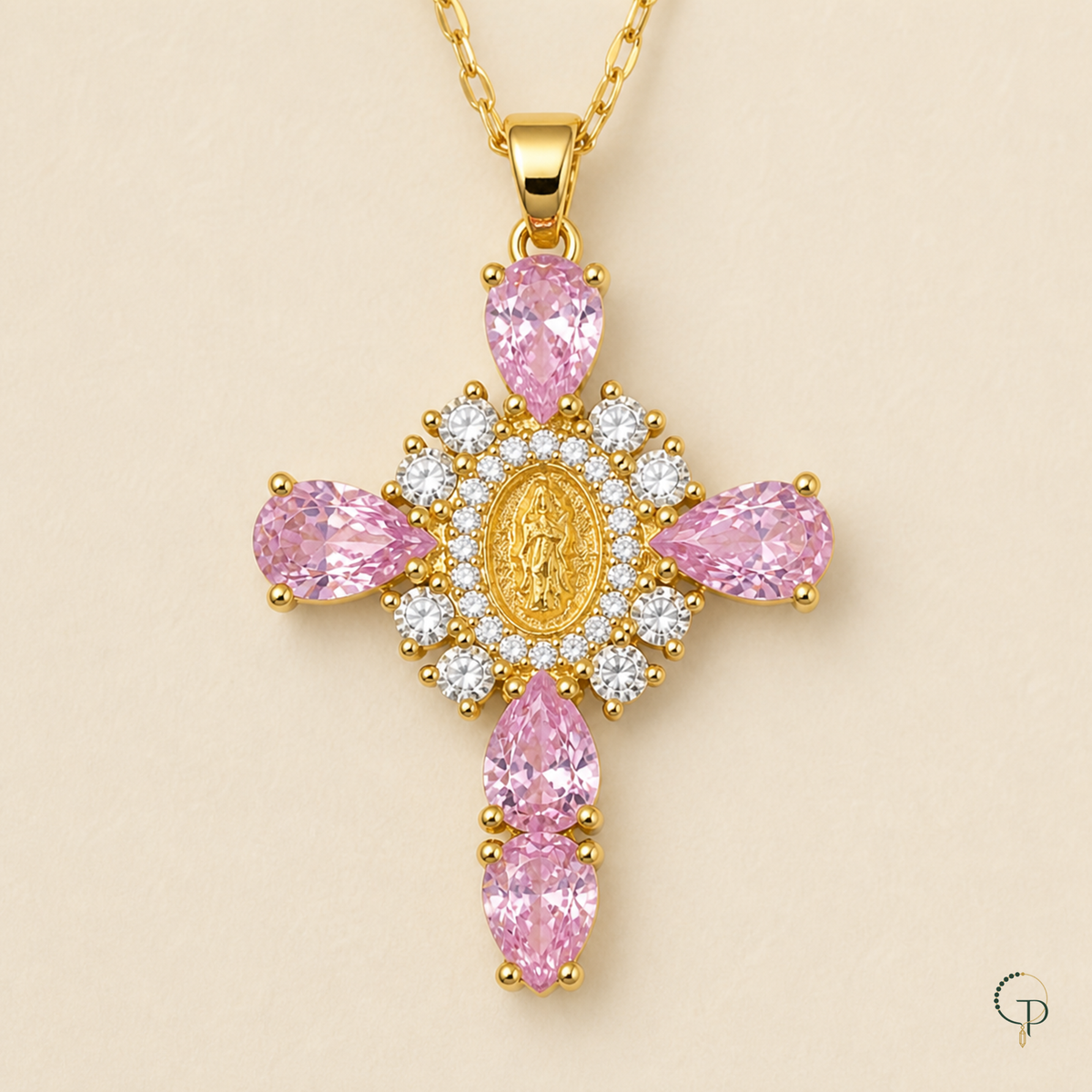 Front macro of a five-stone pink pendant with a clear-stone halo