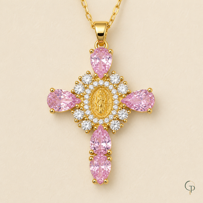 Front macro of a five-stone pink pendant with a clear-stone halo