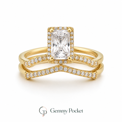 Gold-color three-piece rectangle-stone stacking ring set on white
