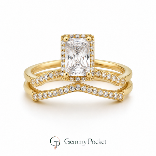 Gold-color three-piece rectangle-stone stacking ring set on white
