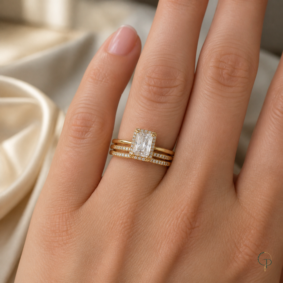 Three complete rings worn together as a coordinated stack