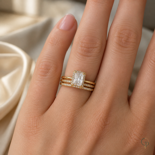 Three complete rings worn together as a coordinated stack