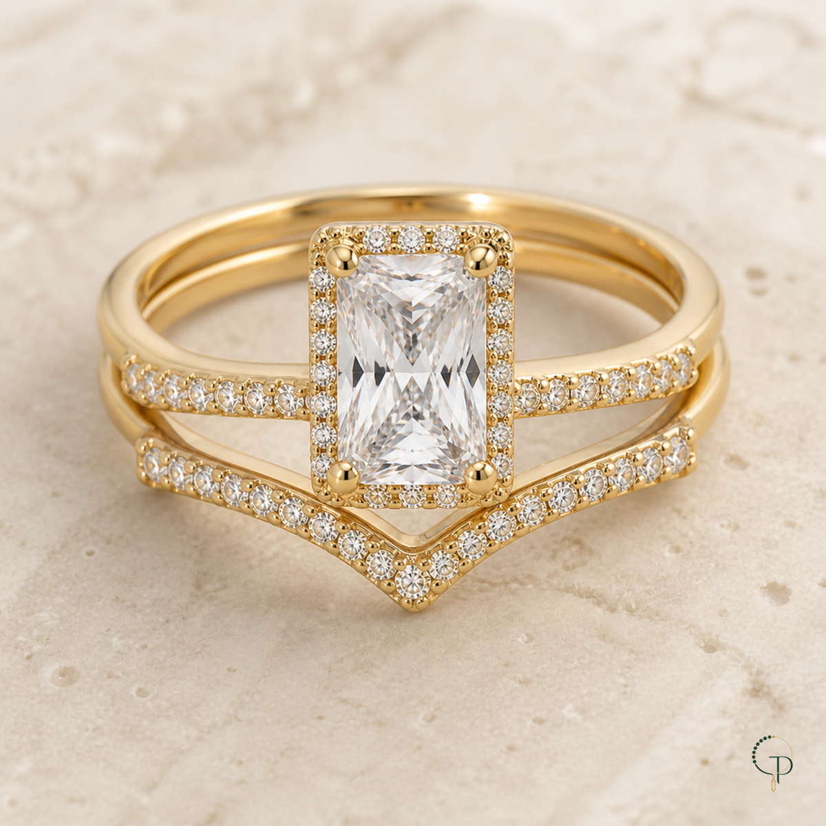 Rectangle center stone and two curved pavé bands shown together