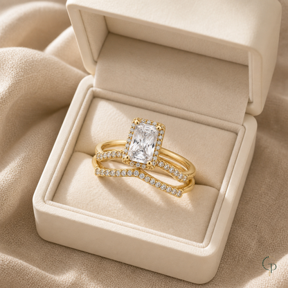 Three-piece stacking ring set displayed in an unbranded ivory box