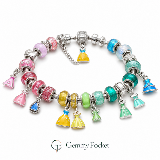 Rainbow glass bead and fairytale dress charm bracelet on white