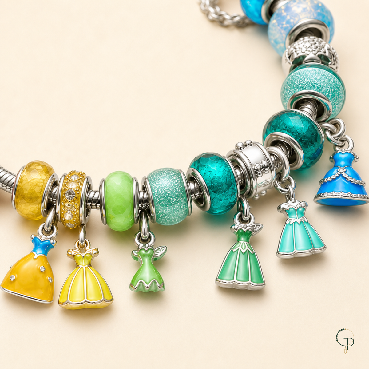 Yellow green aqua and blue bead section with dress dangles