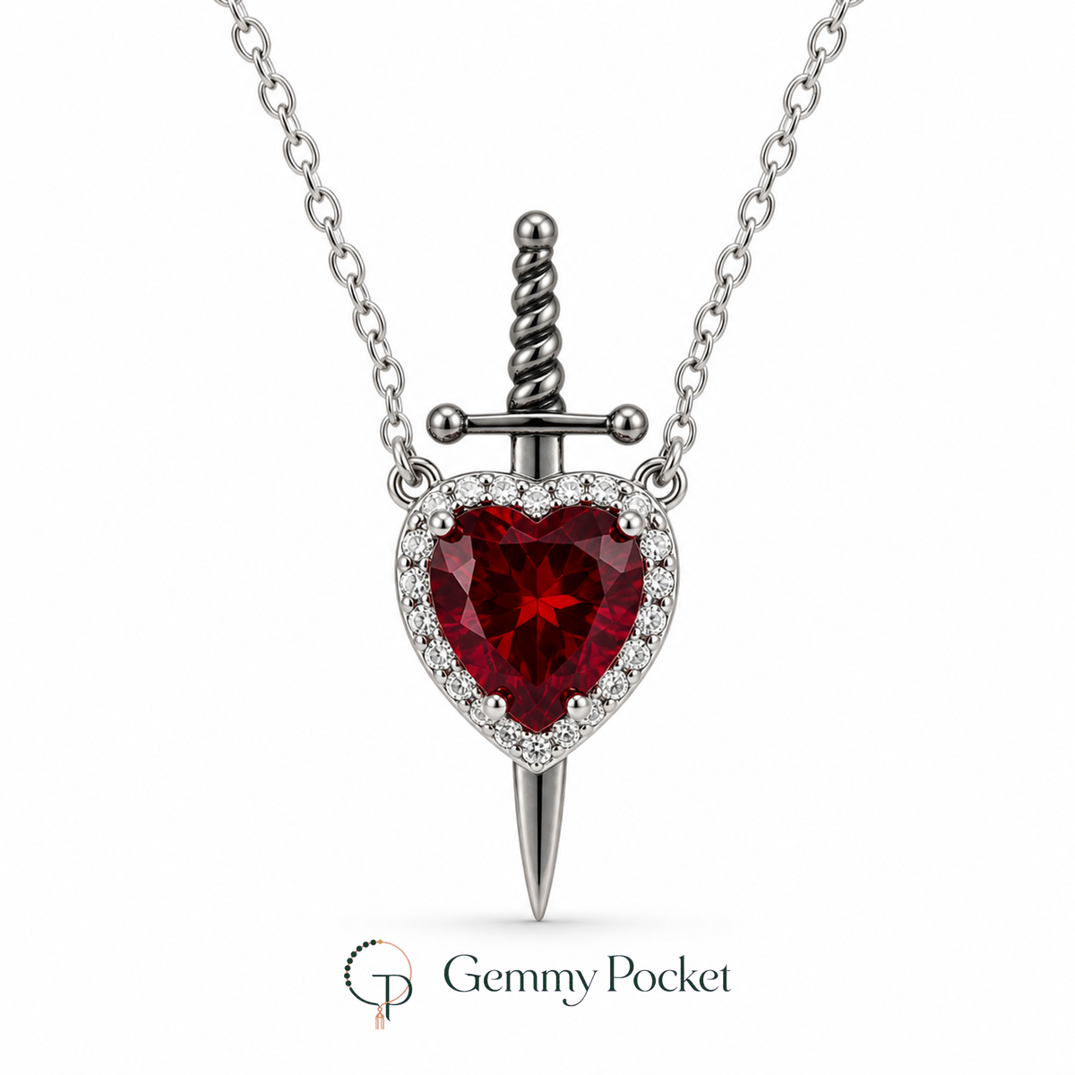 Red heart and silver-color sword pendant necklace on a white studio background