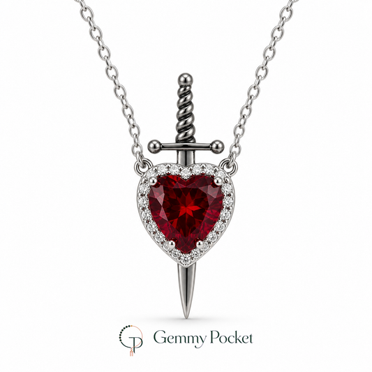 Red heart and silver-color sword pendant necklace on a white studio background
