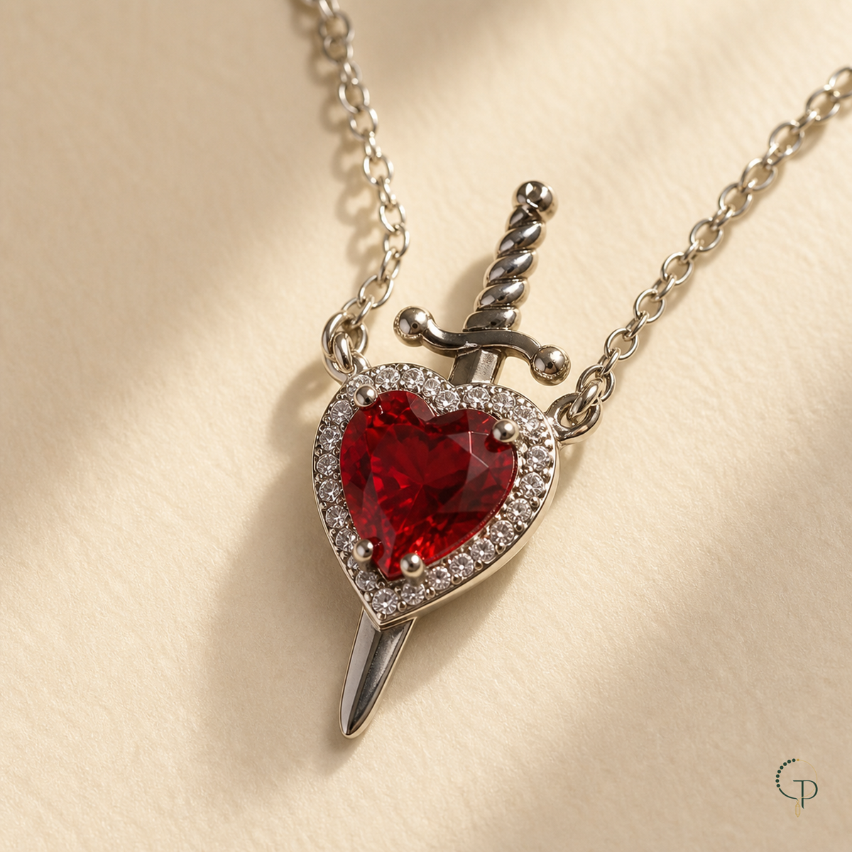 Macro view of the faceted red heart, clear-stone halo and silver-color sword motif