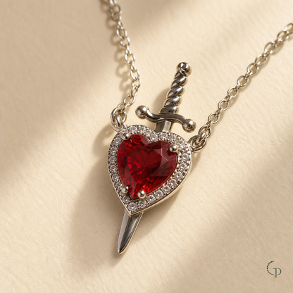 Macro view of the faceted red heart, clear-stone halo and silver-color sword motif