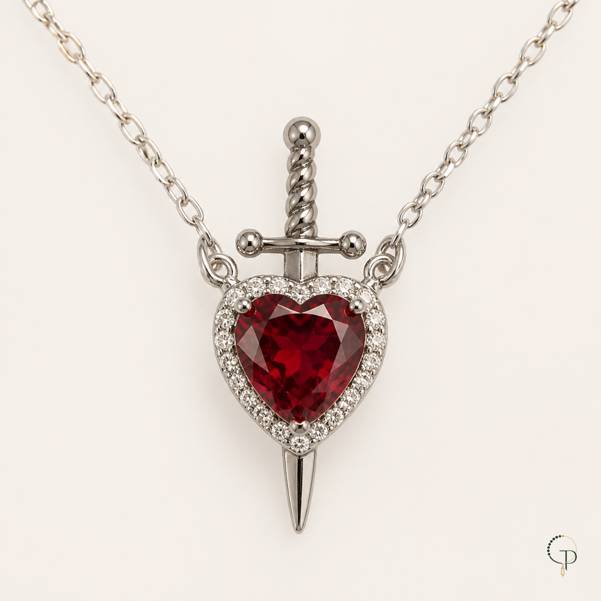 Front construction view showing the side chain rings, wrapped-look sword handle and red heart halo
