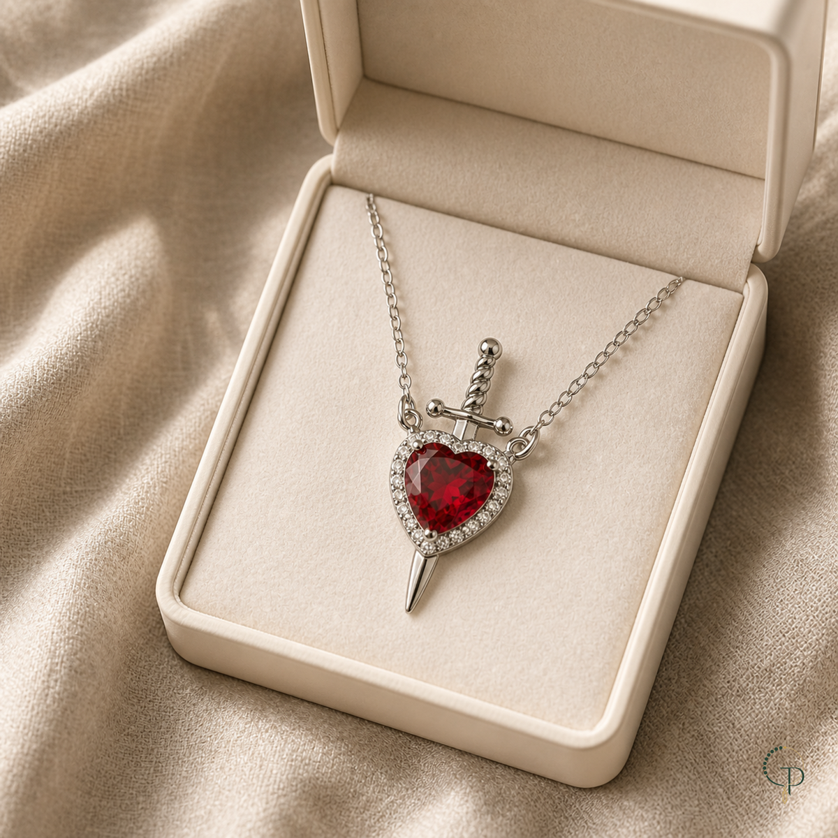 Red heart sword pendant necklace displayed in an unbranded ivory jewelry box