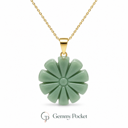 Seafoam-green sunburst pendant necklace centered on white with Gemmy Pocket logo