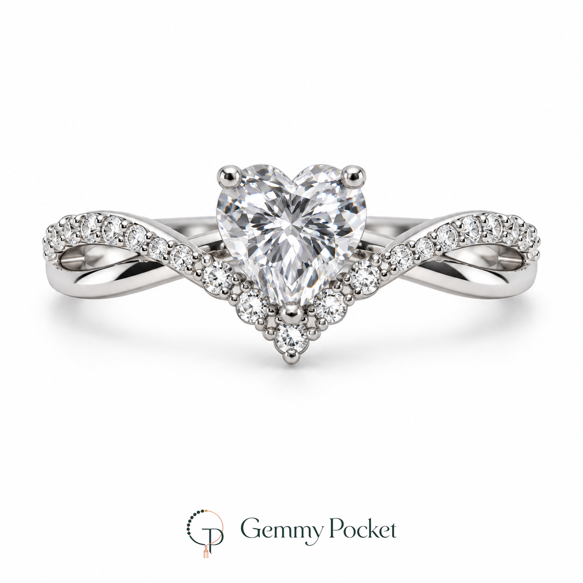 Silver-color heart ring with intertwined polished and stone-accented shoulders on a white background.
