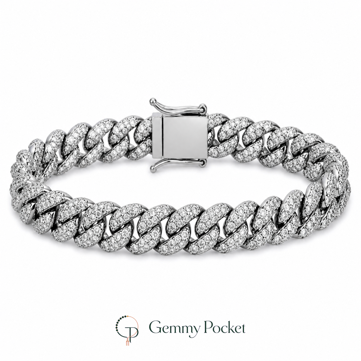 Silver-color pavé Cuban link bracelet on a white studio background