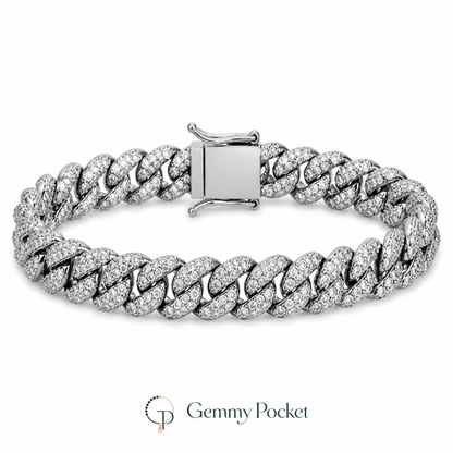 Silver-color pavé Cuban link bracelet on a white studio background