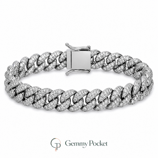 Silver-color pavé Cuban link bracelet on a white studio background