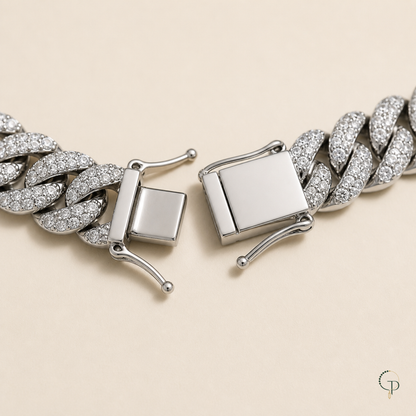 Hidden box clasp and side safety latches on the Cuban link bracelet