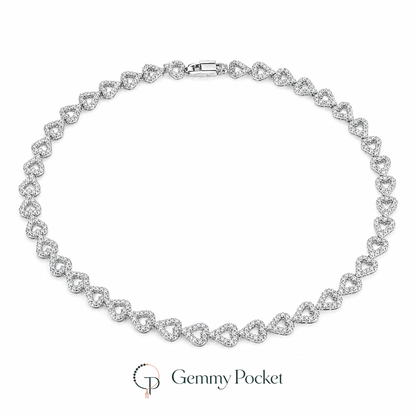 Silver-color pave open heart link collar necklace on a pure white background
