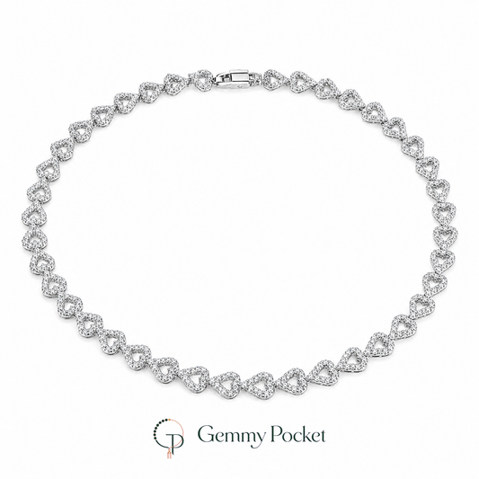 Silver-color pave open heart link collar necklace on a pure white background
