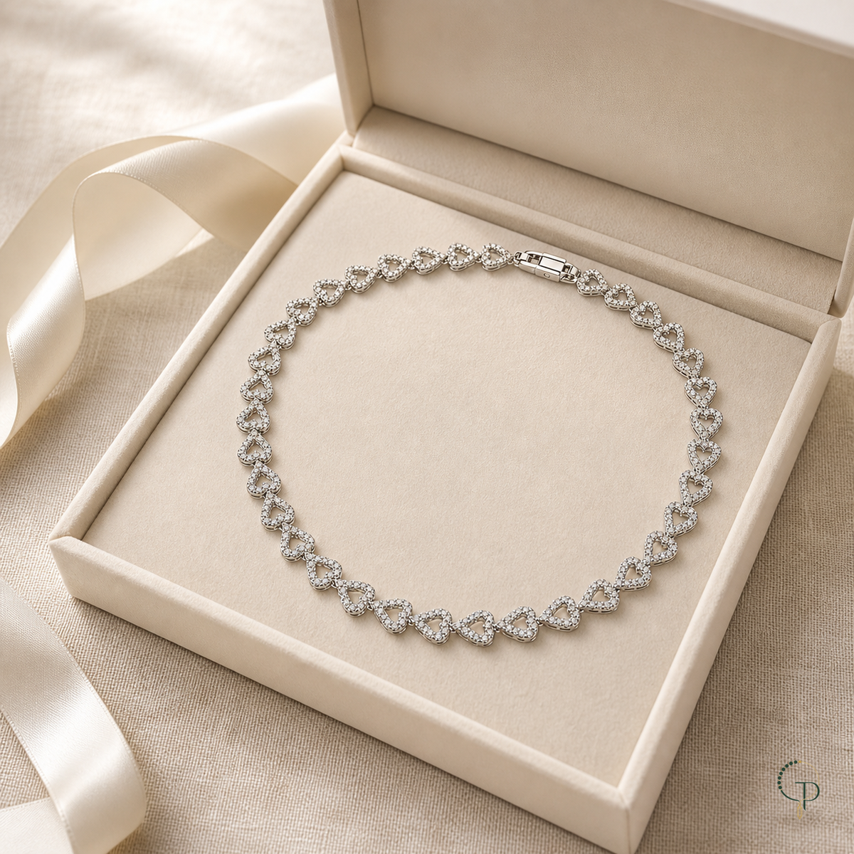 Silver-color heart link collar necklace displayed in an unbranded ivory jewelry box