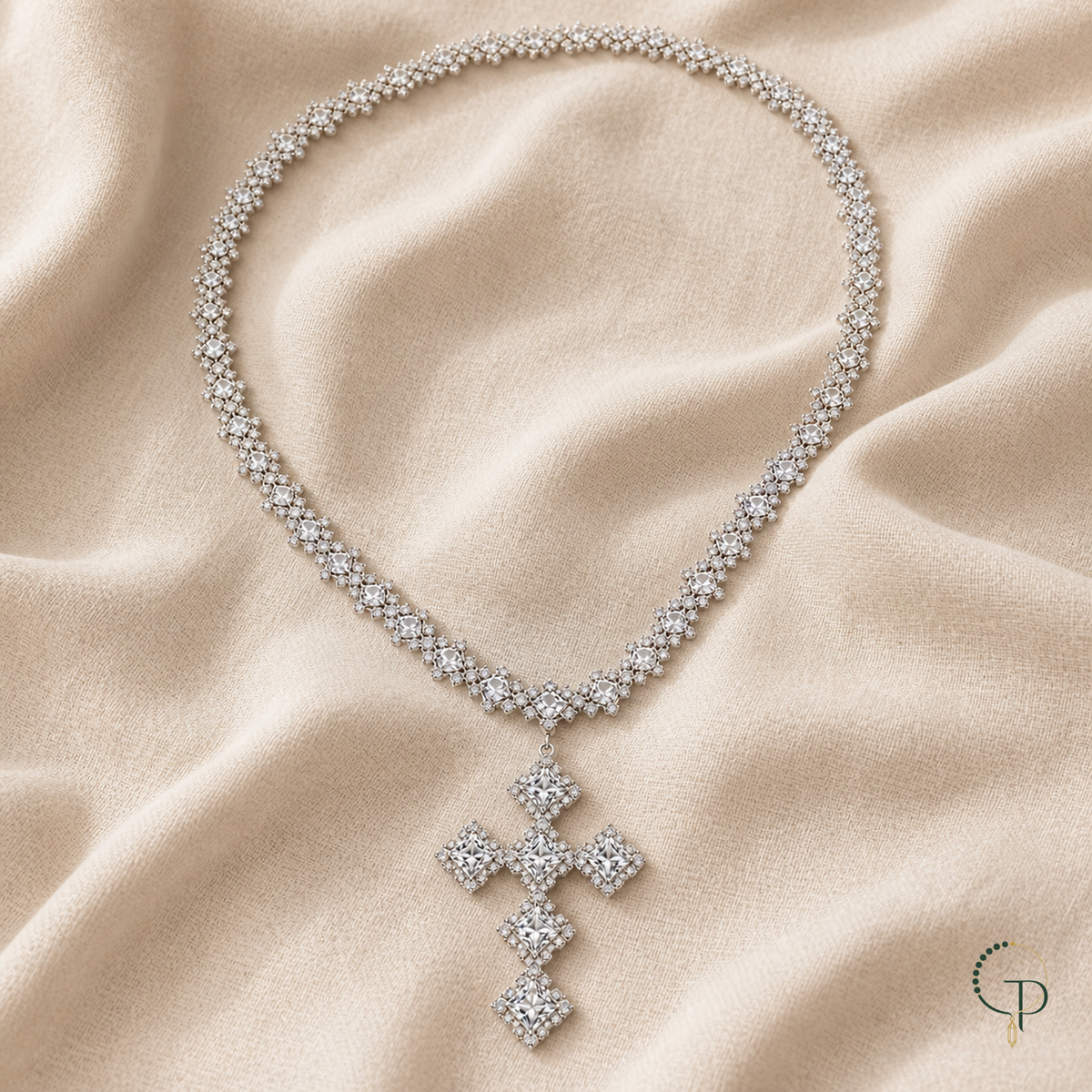 Silver-color square cluster cross statement necklace arranged on warm oatmeal linen