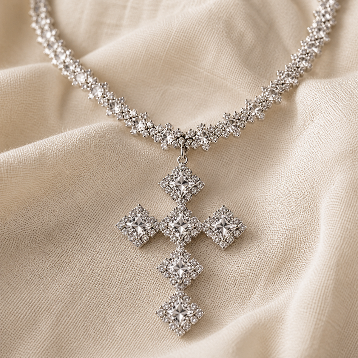 Close view of six-part square cluster cross pendant and clear-stone chain