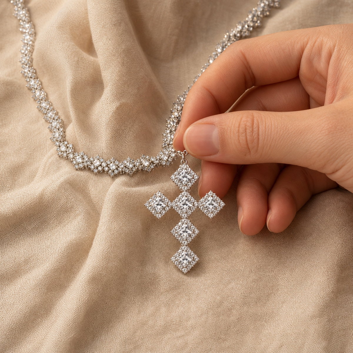 Hand holding the square cluster cross pendant for visual scale