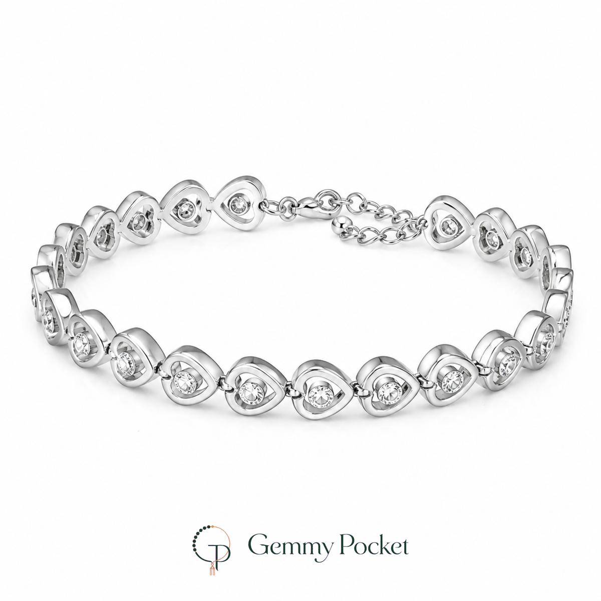 Silver-color single-crystal heart link bracelet on white