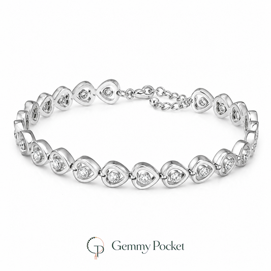 Silver-color single-crystal heart link bracelet on white